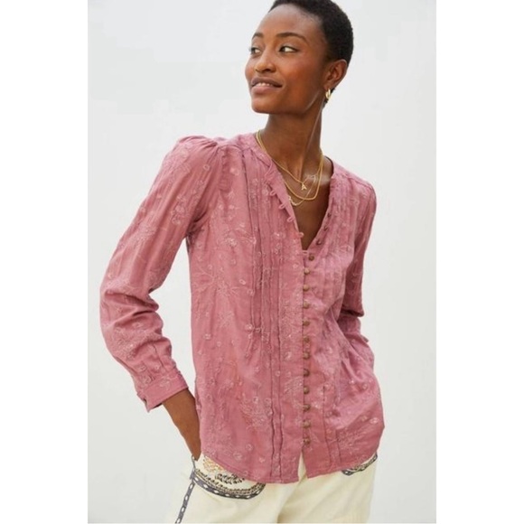 Anthropologie Tops - Anthropologie Pilcro Jolie Pintucked Embroidered Button Front Blouse Mauve Pink